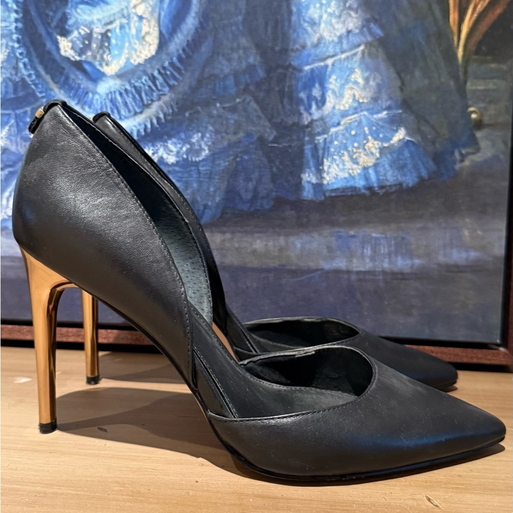 Calvin Klein Black Leather Pointed D'Orsay Pumps with Gold Stiletto - Picture 2 of 6